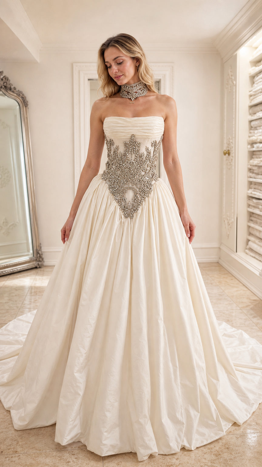 Front view of ivory strapless corset ball gown