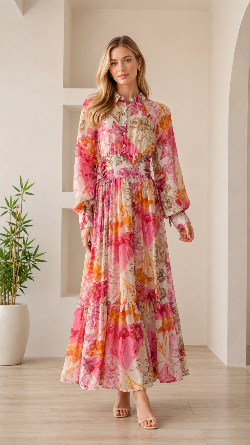 Front view of woman wearing pink floral long sleeve maxi dress