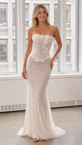Front view of white strapless 3D floral lace mermaid evening dress