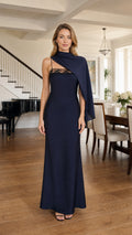 Front view of model wearing Navy formal one-shoulder drape maxi dress