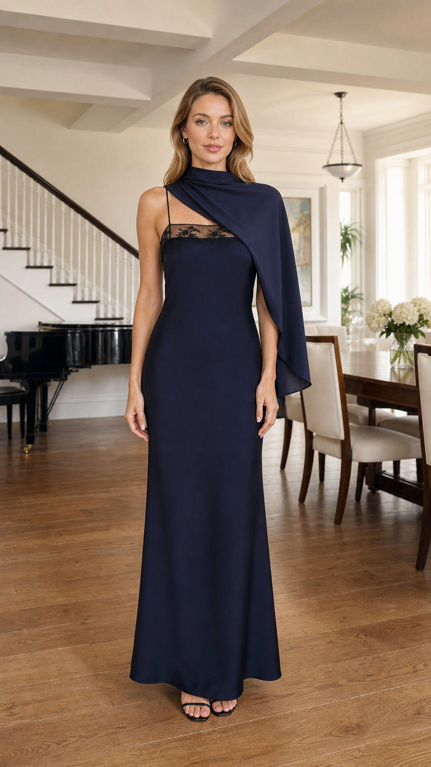 Front view of model wearing Navy formal one-shoulder drape maxi dress
