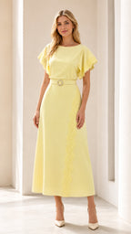 Front view of yellow lace-trimmed midi dress with belt