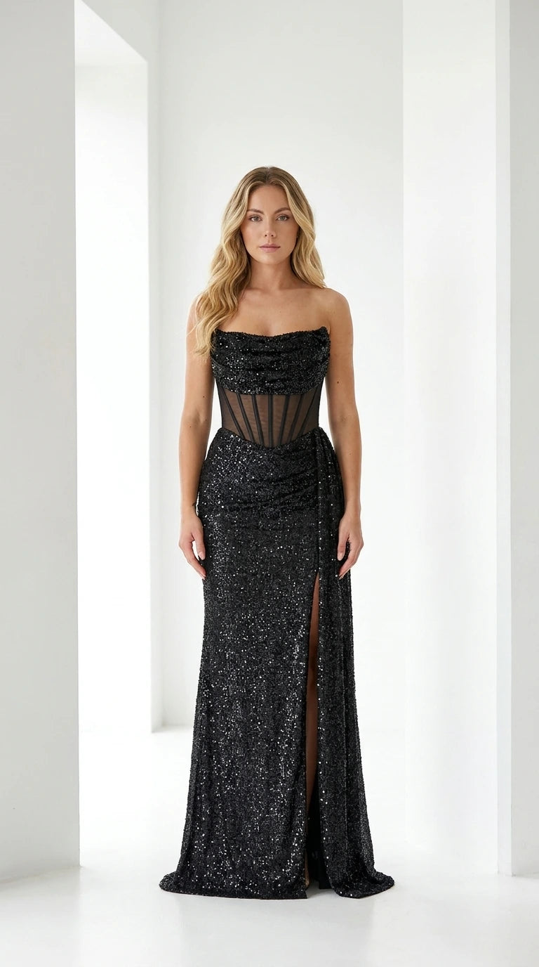 Front view of black sequin strapless corset evening gown