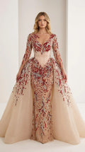 Exquisite beaded illusion long sleeve evening gown in nude front view