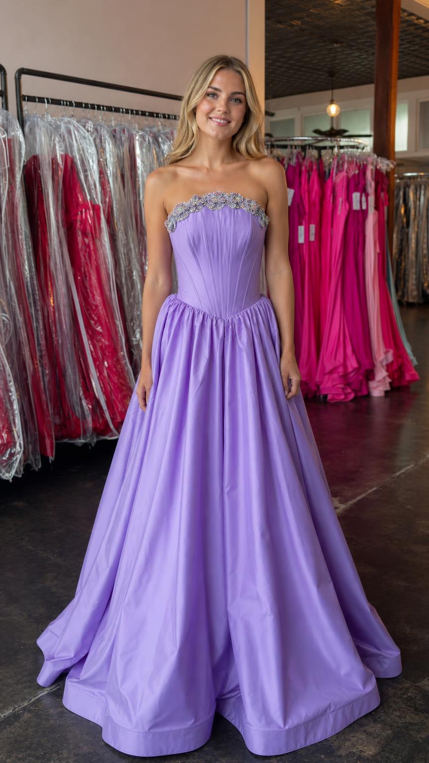 Front view of lavender strapless ball gown evening dress
