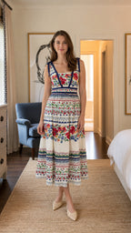 Full front view of woman wearing white floral print midi dress