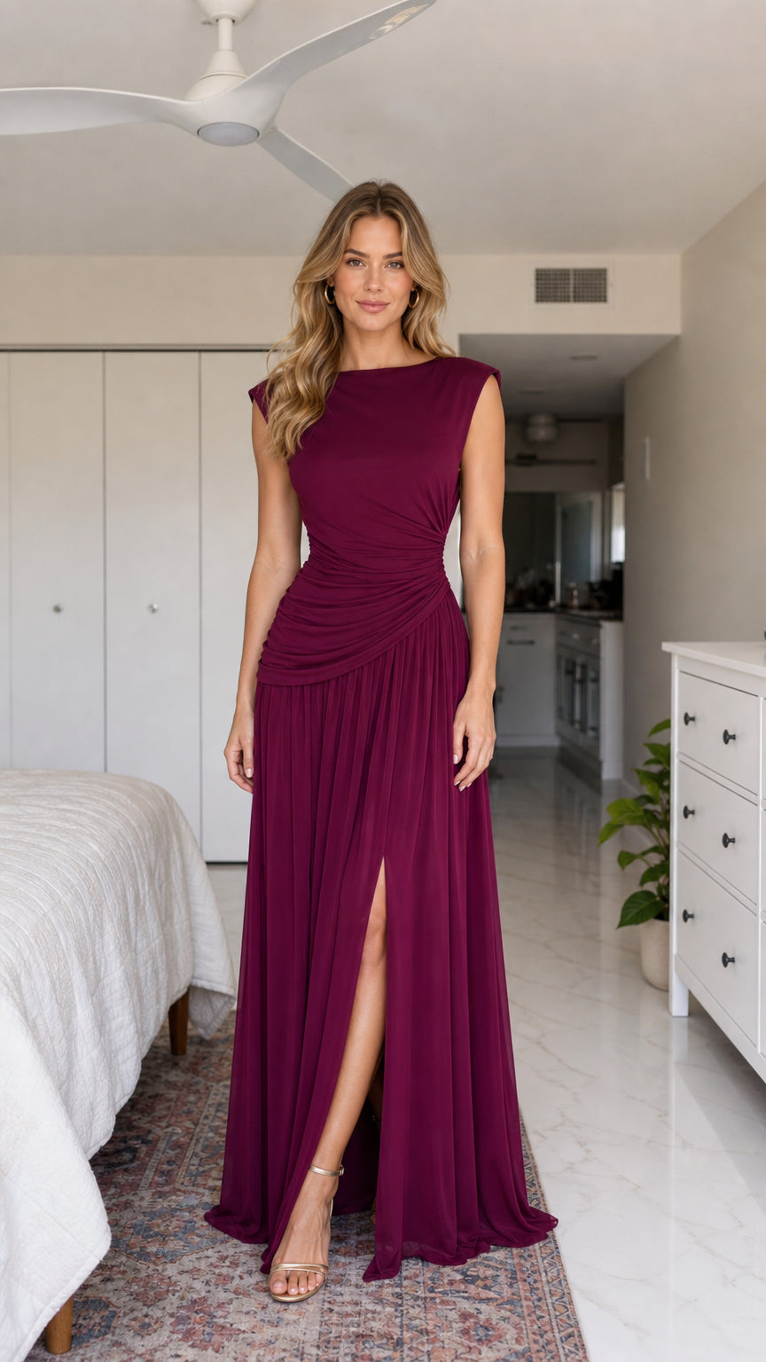 Front view of burgundy draped slit maxi dress