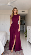 Front view of burgundy draped slit maxi dress