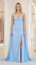 Front view of light blue evening gown with cape
