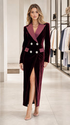 Front full view of burgundy velvet blazer dress with contrast lapel