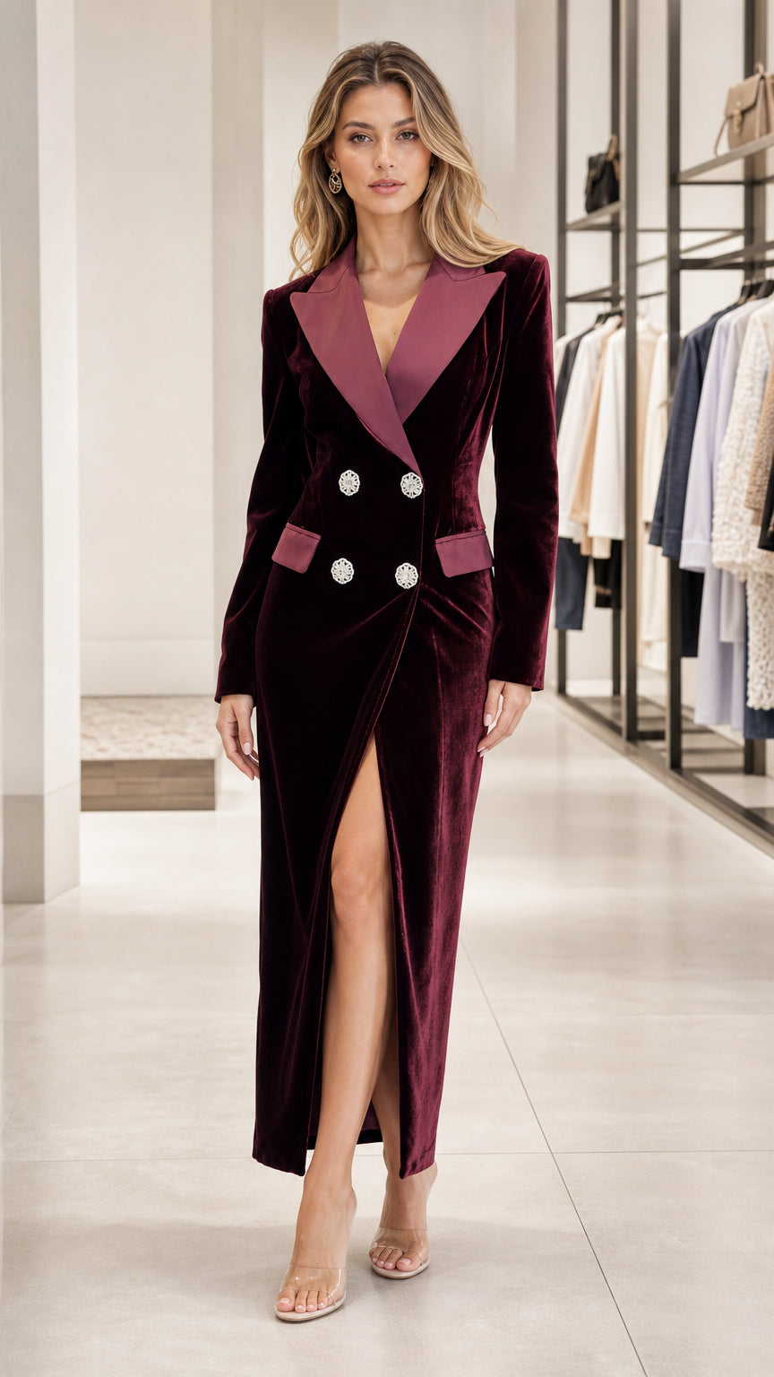 Front full view of burgundy velvet blazer dress with contrast lapel