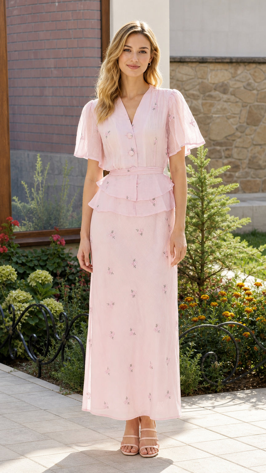 Front view of woman wearing pink floral embroidered two-piece peplum maxi set