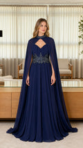 Front view of navy blue beaded evening dress with cape