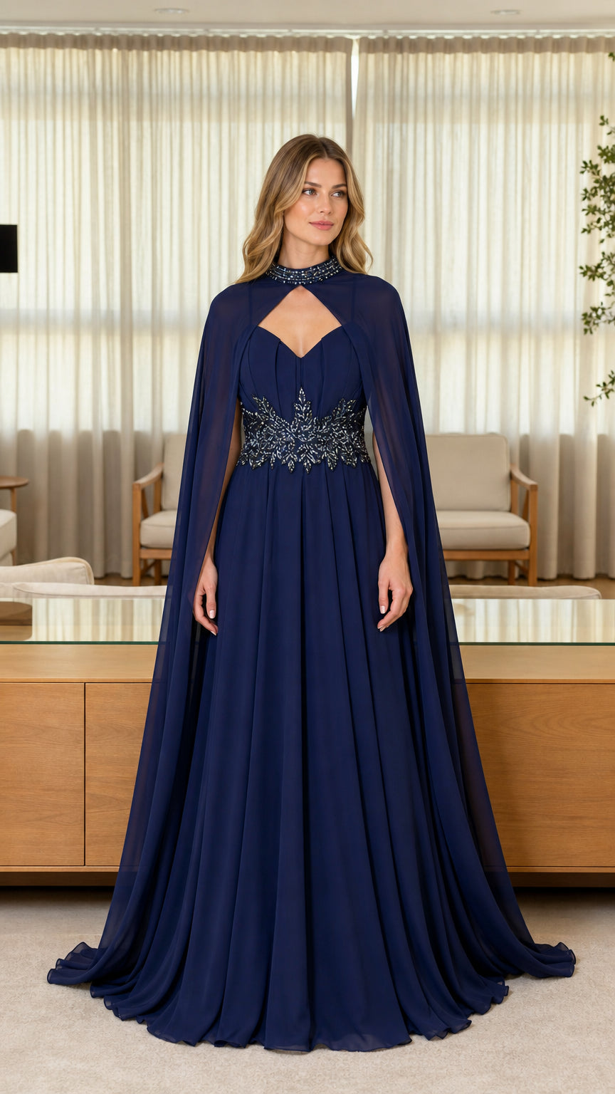 Front view of navy blue beaded evening dress with cape