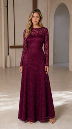 Front view of model wearing burgundy long-sleeve lace evening gown