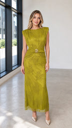 Front view of olive green embroidered maxi dress