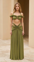 Model wearing olive green ruffled halter two-piece maxi skirt set, front view