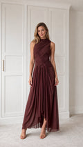 Front view of burgundy pleated maxi dress