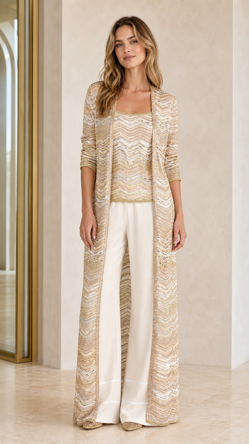 Metallic chevron knit long duster cardigan and tank set in gold, front view