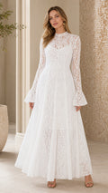 Front view of elegant white long sleeve lace maxi dress