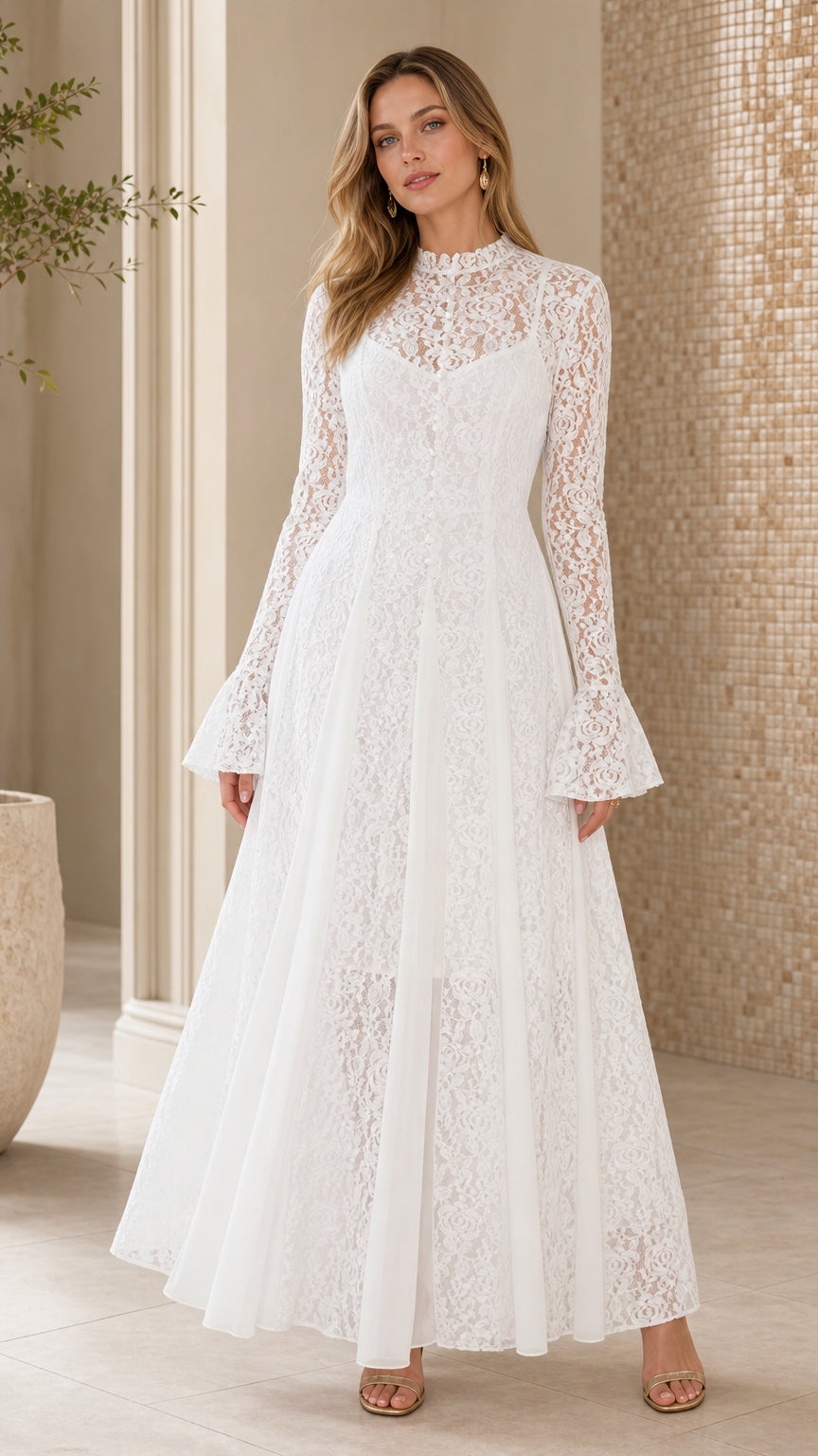 Front view of elegant white long sleeve lace maxi dress