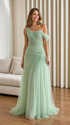 Front view of sage green one-shoulder pleated tulle evening gown