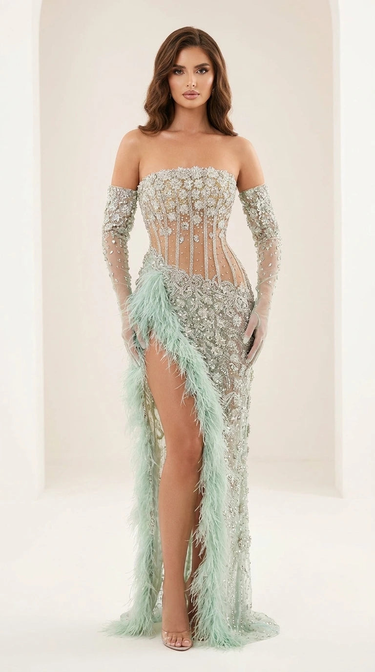 Front view of mint green sequin evening gown with gloves