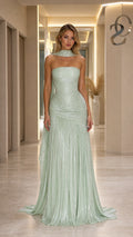 Front view of Sage Green strapless evening gown with scarf