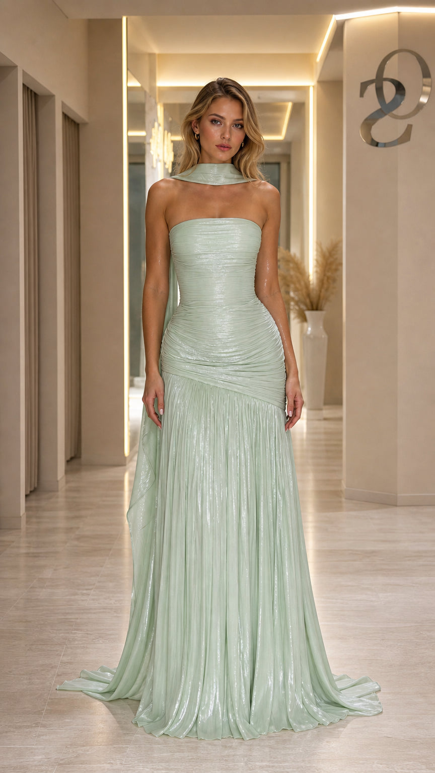 Front view of Sage Green strapless evening gown with scarf