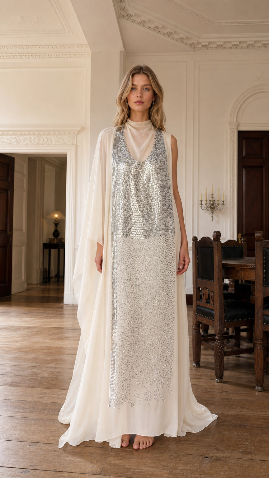 Front view of ivory sequin embellished mock neck maxi dress with cape