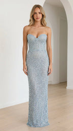 Front view of light blue sequin strapless maxi dress