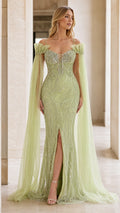 Front view of sage green beaded mermaid evening dress with cape