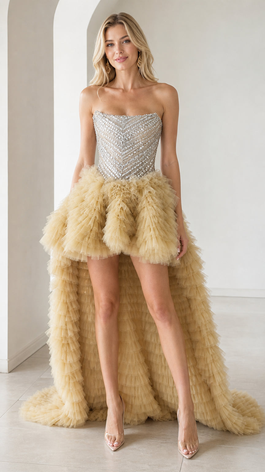 Front view of champagne high-low tulle evening dress