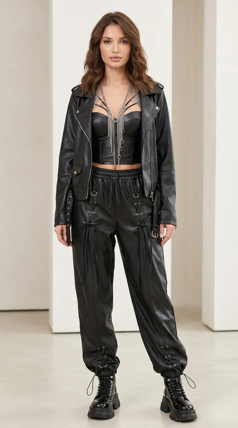 Model wearing black faux leather 3-piece set from the front