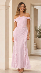 Front view of model wearing pink off-shoulder lace maxi dress