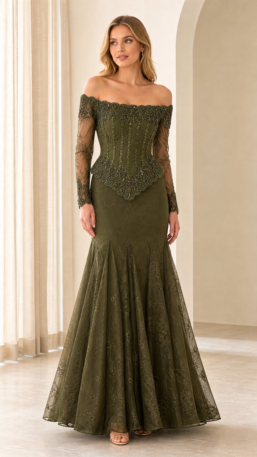 Front view of olive off-shoulder beaded mermaid evening gown