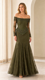 Front view of olive off-shoulder beaded mermaid evening gown