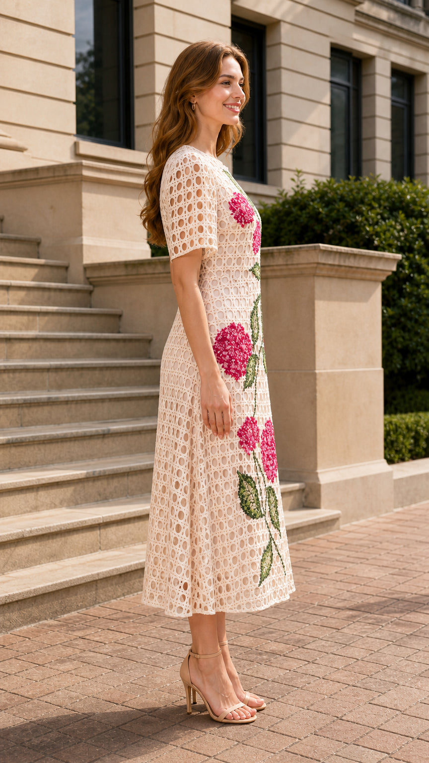 Side profile of woman in beige floral embroidered midi dress