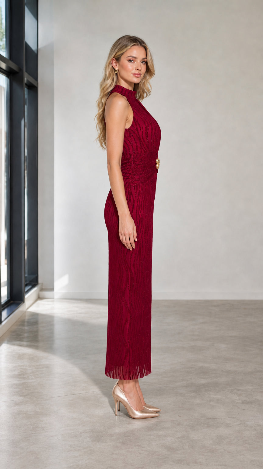 Side profile view of burgundy evening maxi dress