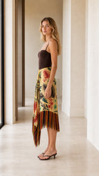 Model wearing yellow wrap skirt side view