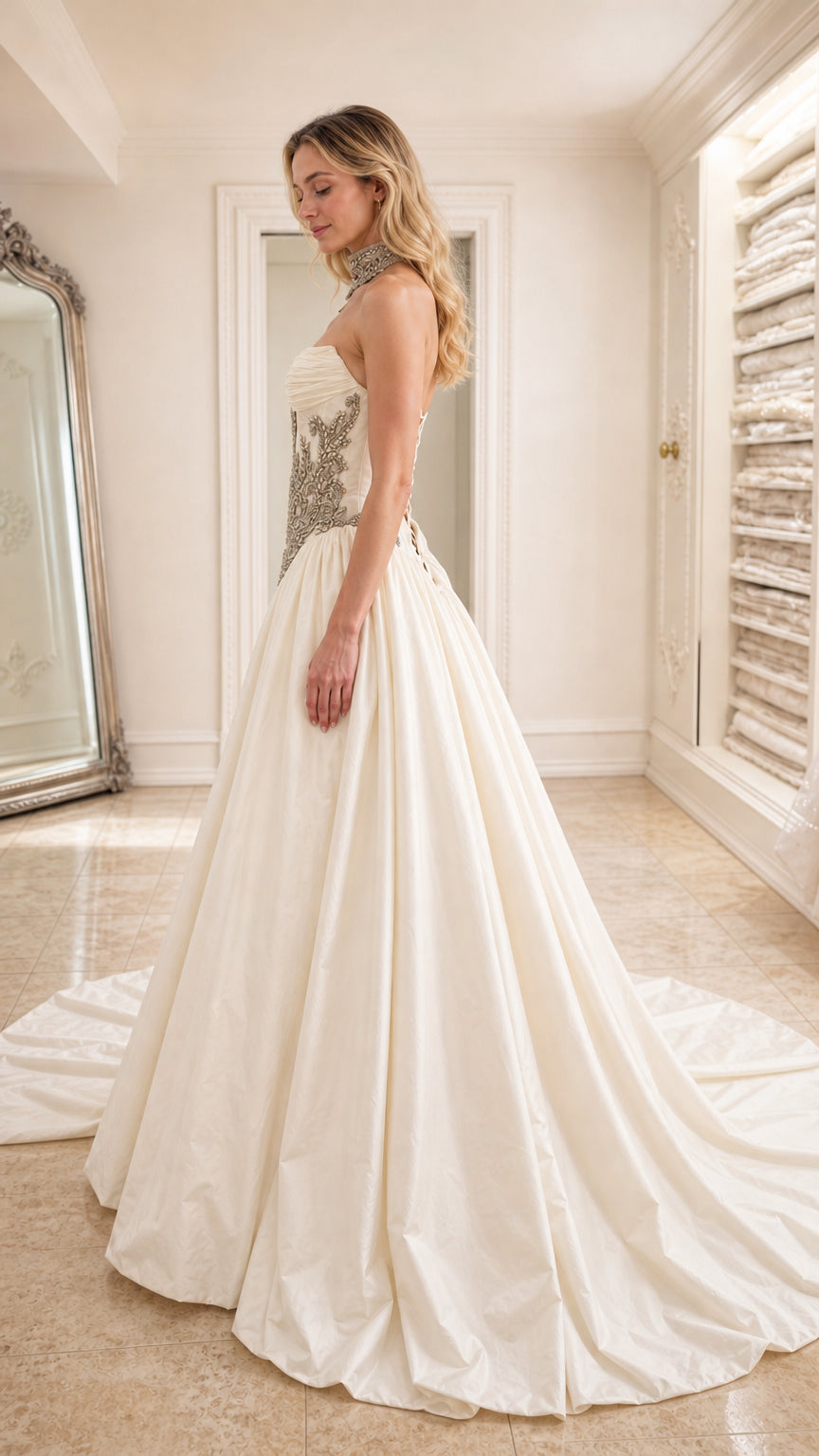 Side profile of ivory ball gown showing skirt sweep
