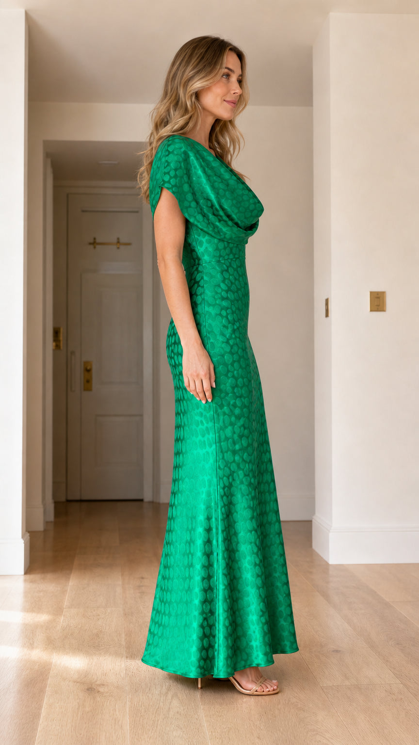 Side profile view of green jacquard maxi dress