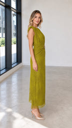 Side profile of olive green maxi dress
