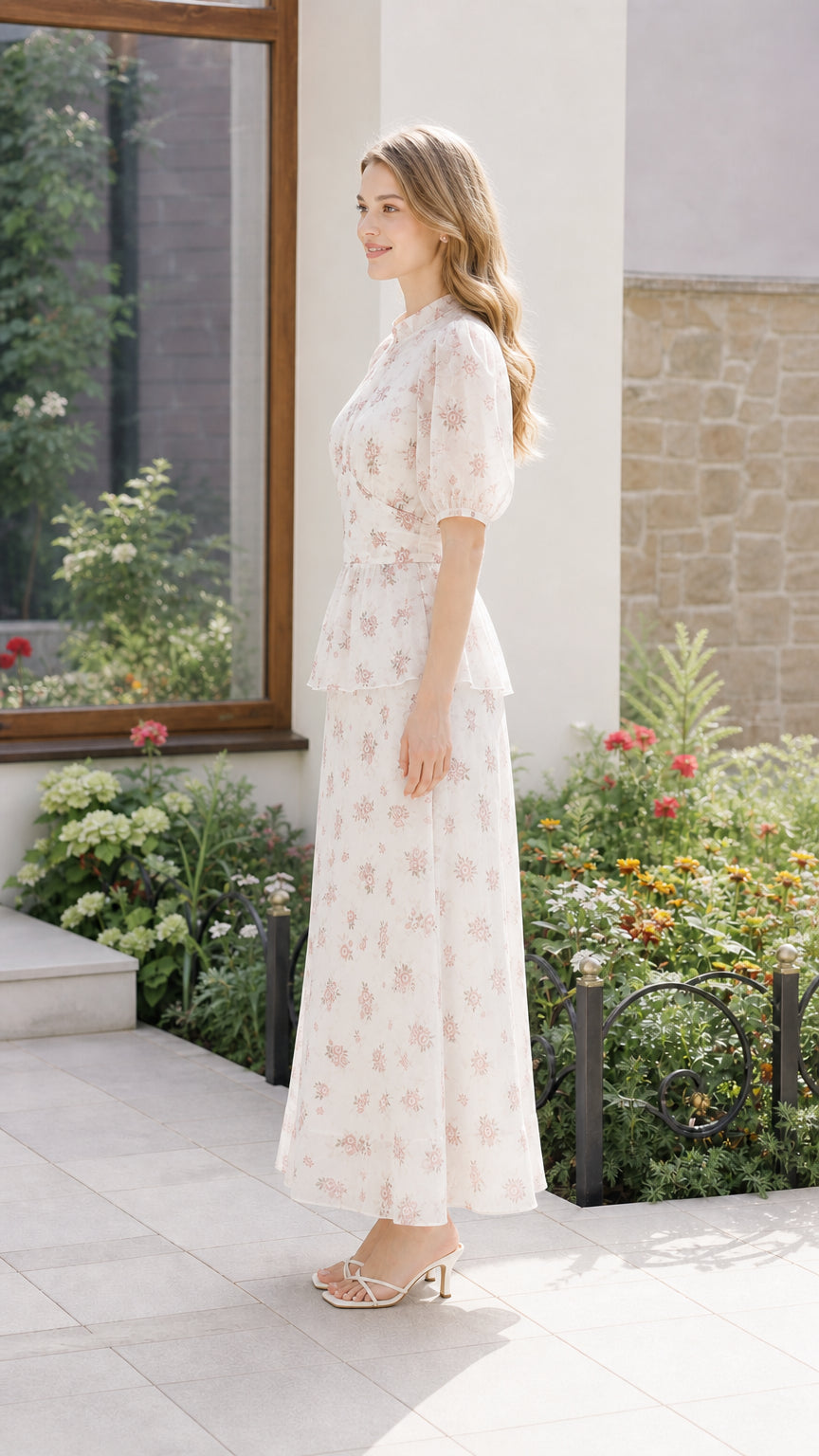 Side profile of woman in off-white floral maxi dress