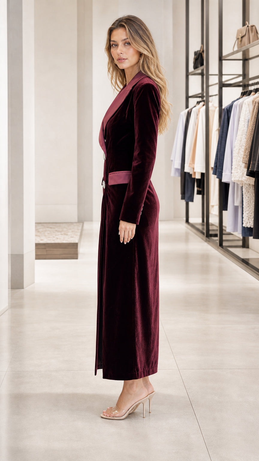 Side profile view of burgundy velvet blazer dress