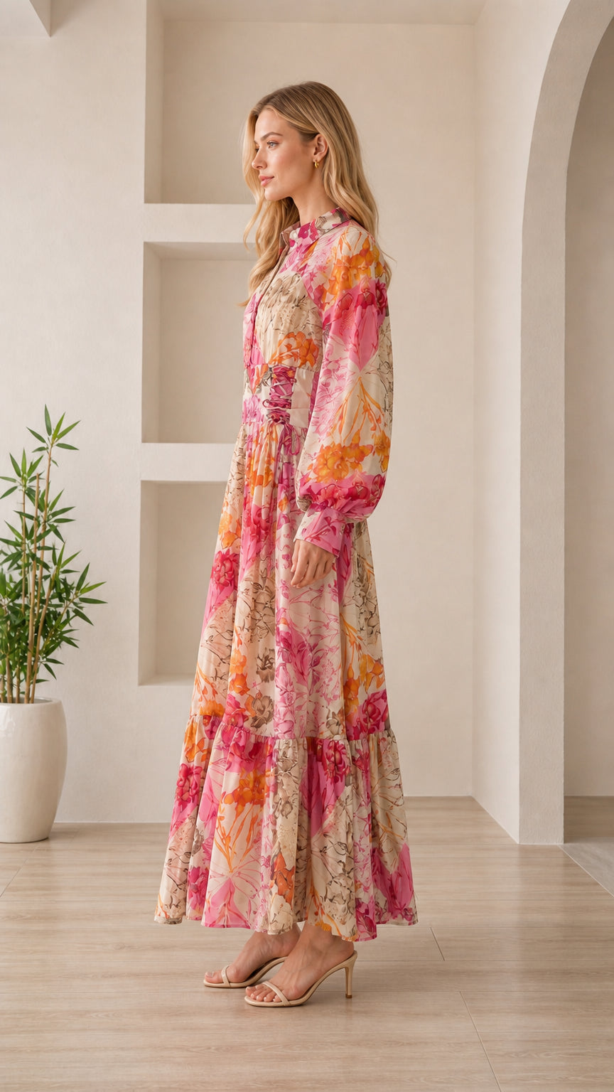 Side profile view of woman wearing pink floral maxi dress