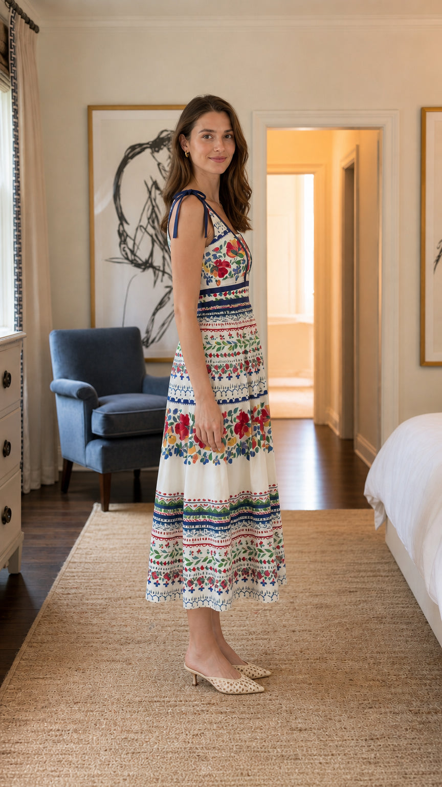 Side profile view of woman wearing white floral print midi dress