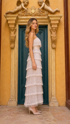 Side profile view of champagne evening gown
