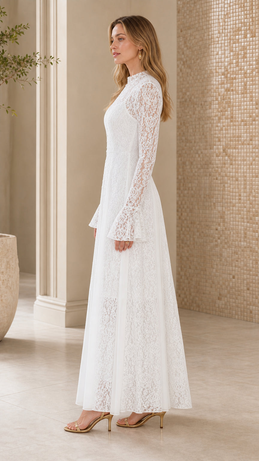 Side profile of white lace maxi dress with high neck