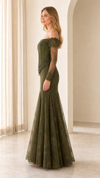 Side view of olive off-shoulder beaded evening dress